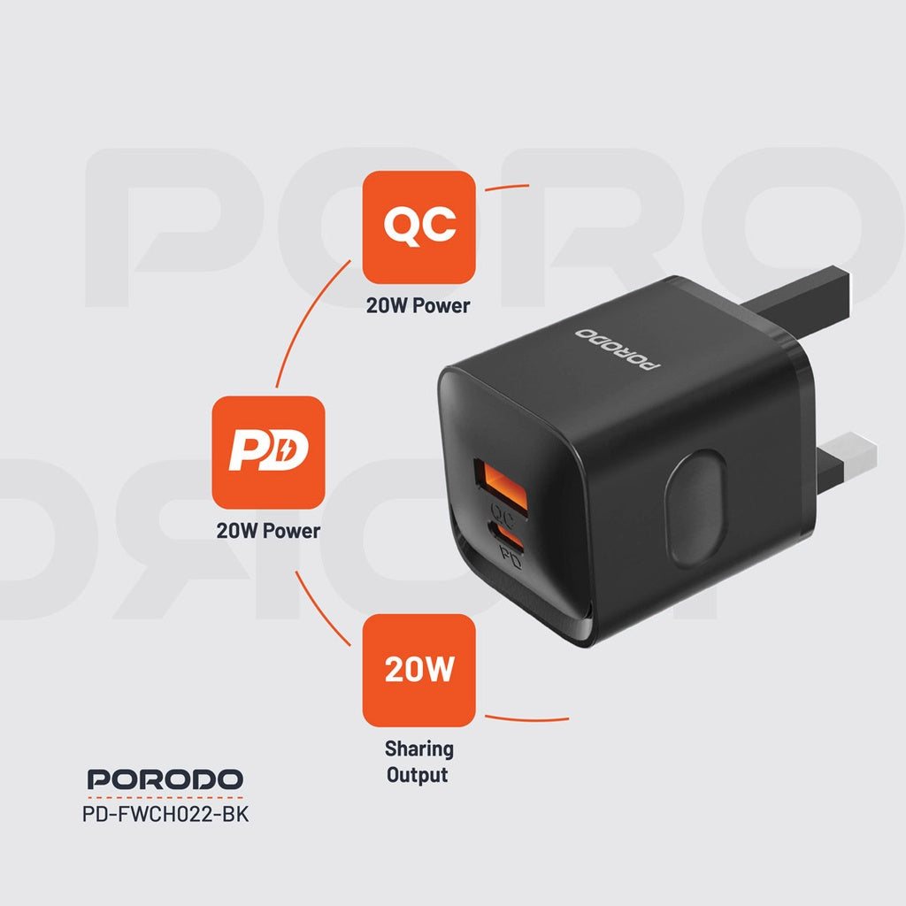 Porodo Dual port Wall Charger UK - Black