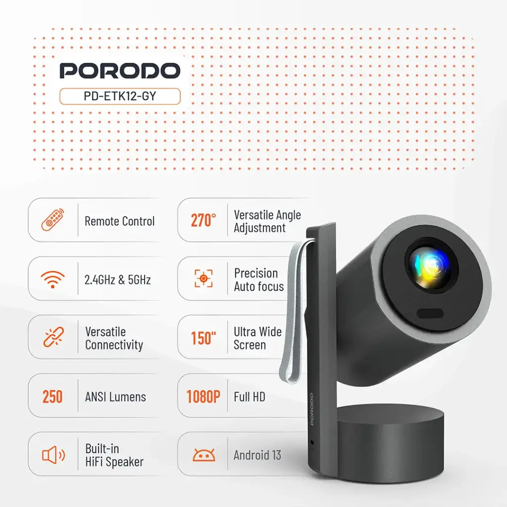 Porodo Full HD Smart Projector - Gray [O] - بروجكتور متنقل + بطارية تدوم حتى 2 ساعة شغل متواصل - كفالة 12 شهر