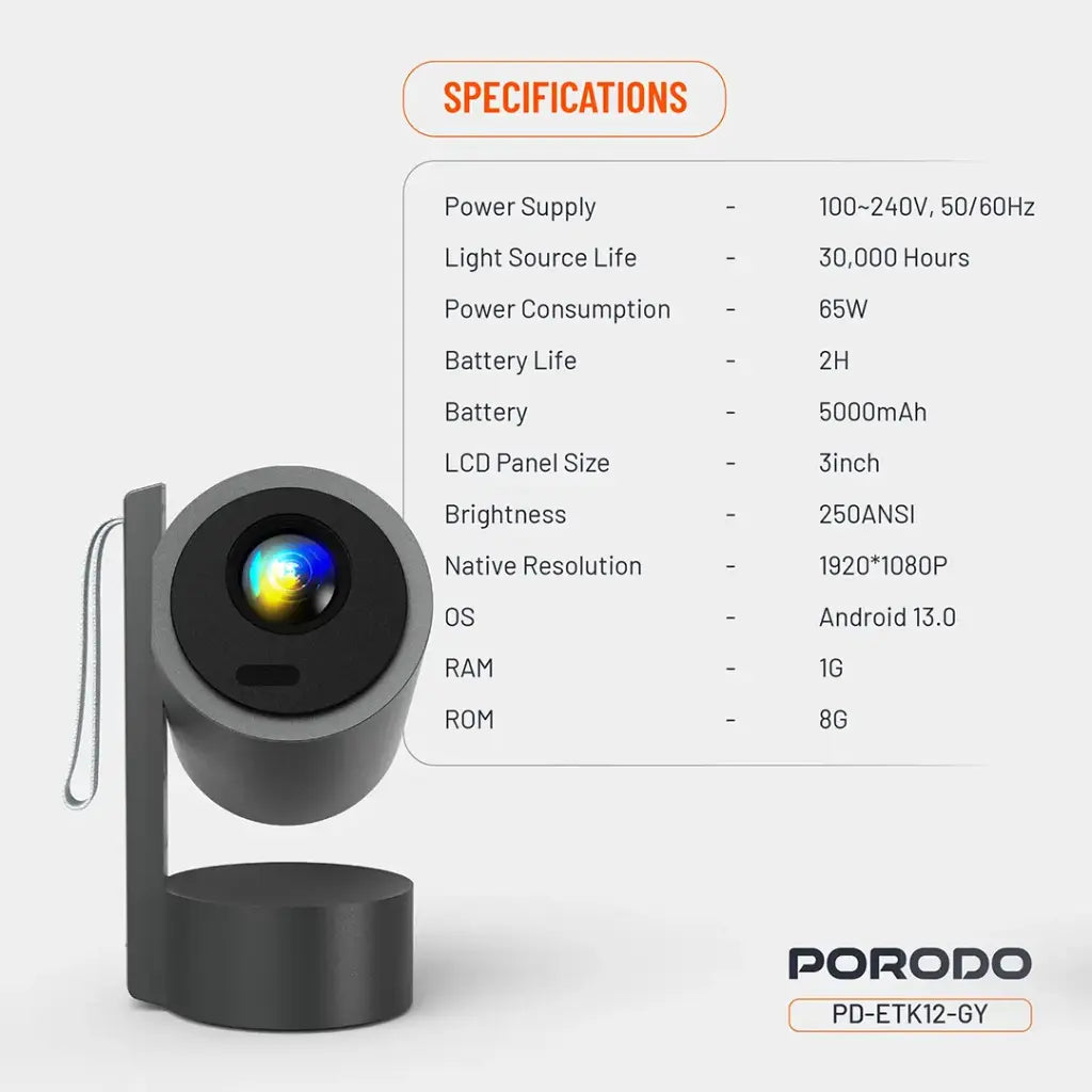Porodo Full HD Smart Projector - Gray [O] - بروجكتور متنقل + بطارية تدوم حتى 2 ساعة شغل متواصل - كفالة 12 شهر