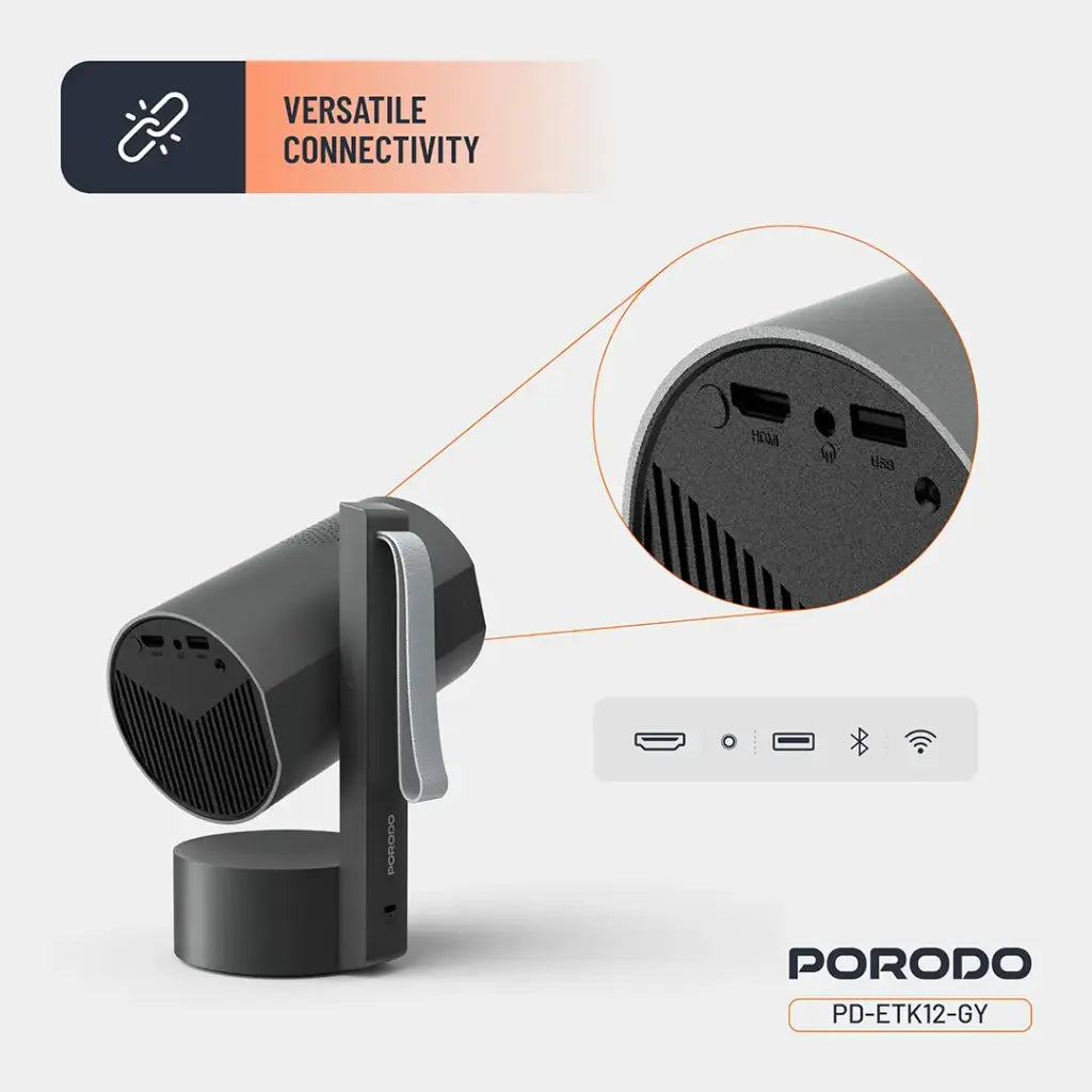 Porodo Full HD Smart Projector - Gray [O] - بروجكتور متنقل + بطارية تدوم حتى 2 ساعة شغل متواصل - كفالة 12 شهر