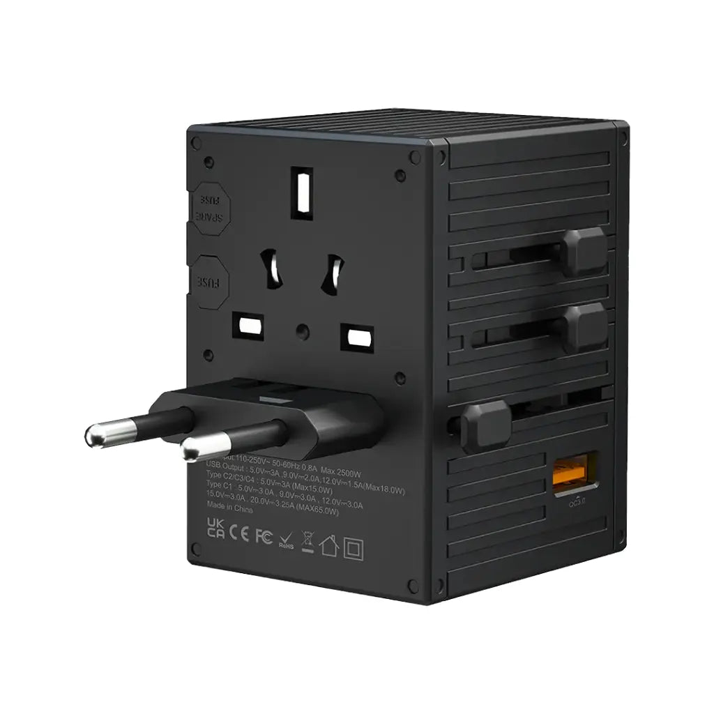 Porodo GaN 5-Port Travel Block Universal Charger - 65w [O] - بلاك حائط شحن دولي - بورودو - 4 منافذ تايب سي - 1 منفذ يو اس بي - 1 منفذ كهرباء - قوة 65 واط - كفالة 24 شهر