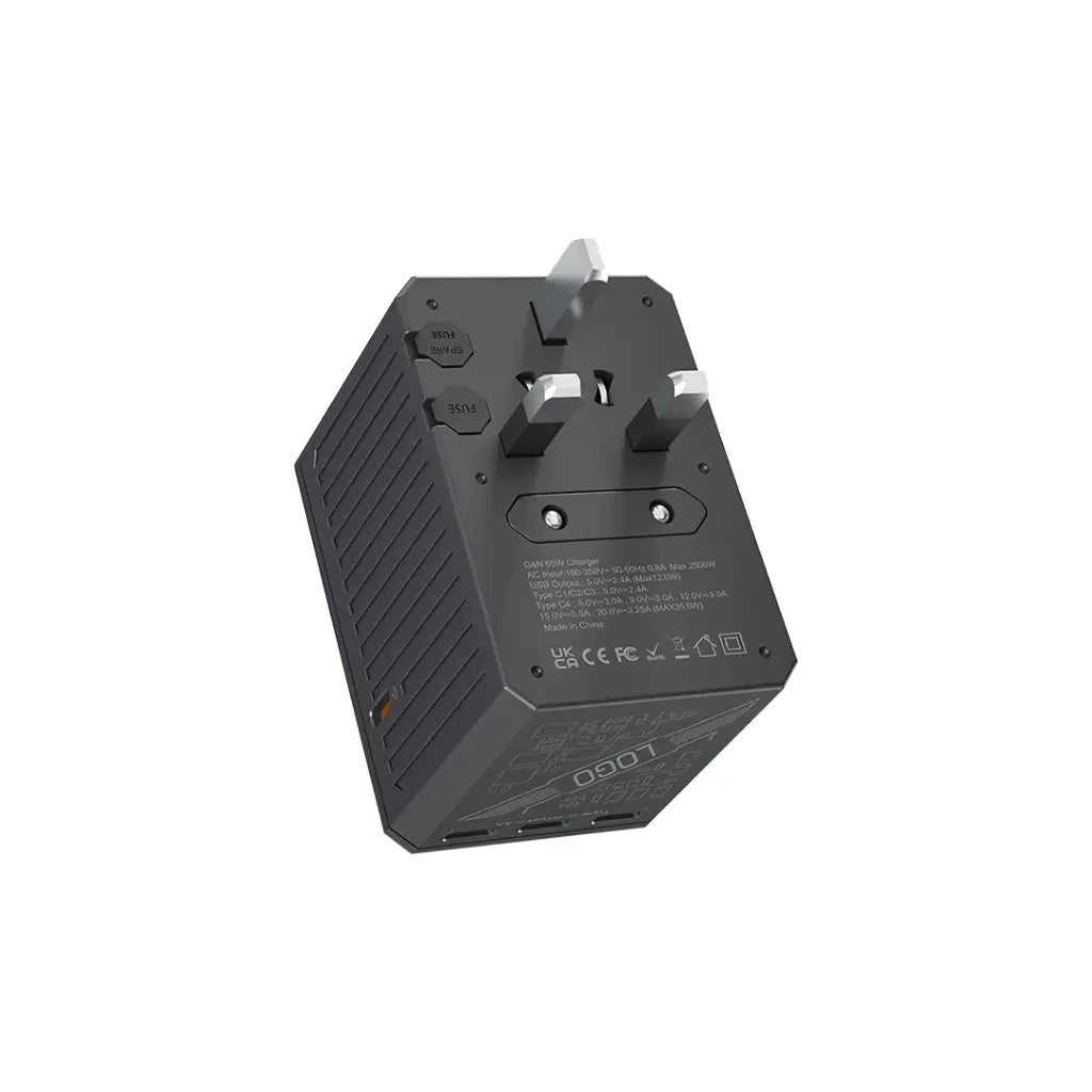 Porodo GaN 5-Port Travel Block Universal Charger - 65w [O] - بلاك حائط شحن دولي - بورودو - 4 منافذ تايب سي - 1 منفذ يو اس بي - 1 منفذ كهرباء - قوة 65 واط - كفالة 24 شهر