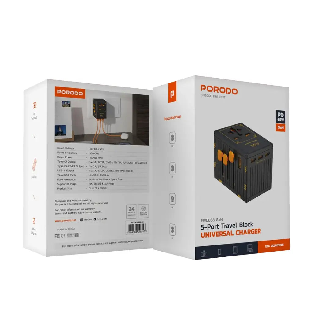Porodo GaN 5-Port Travel Block Universal Charger - 65w [O] - بلاك حائط شحن دولي - بورودو - 4 منافذ تايب سي - 1 منفذ يو اس بي - 1 منفذ كهرباء - قوة 65 واط - كفالة 24 شهر