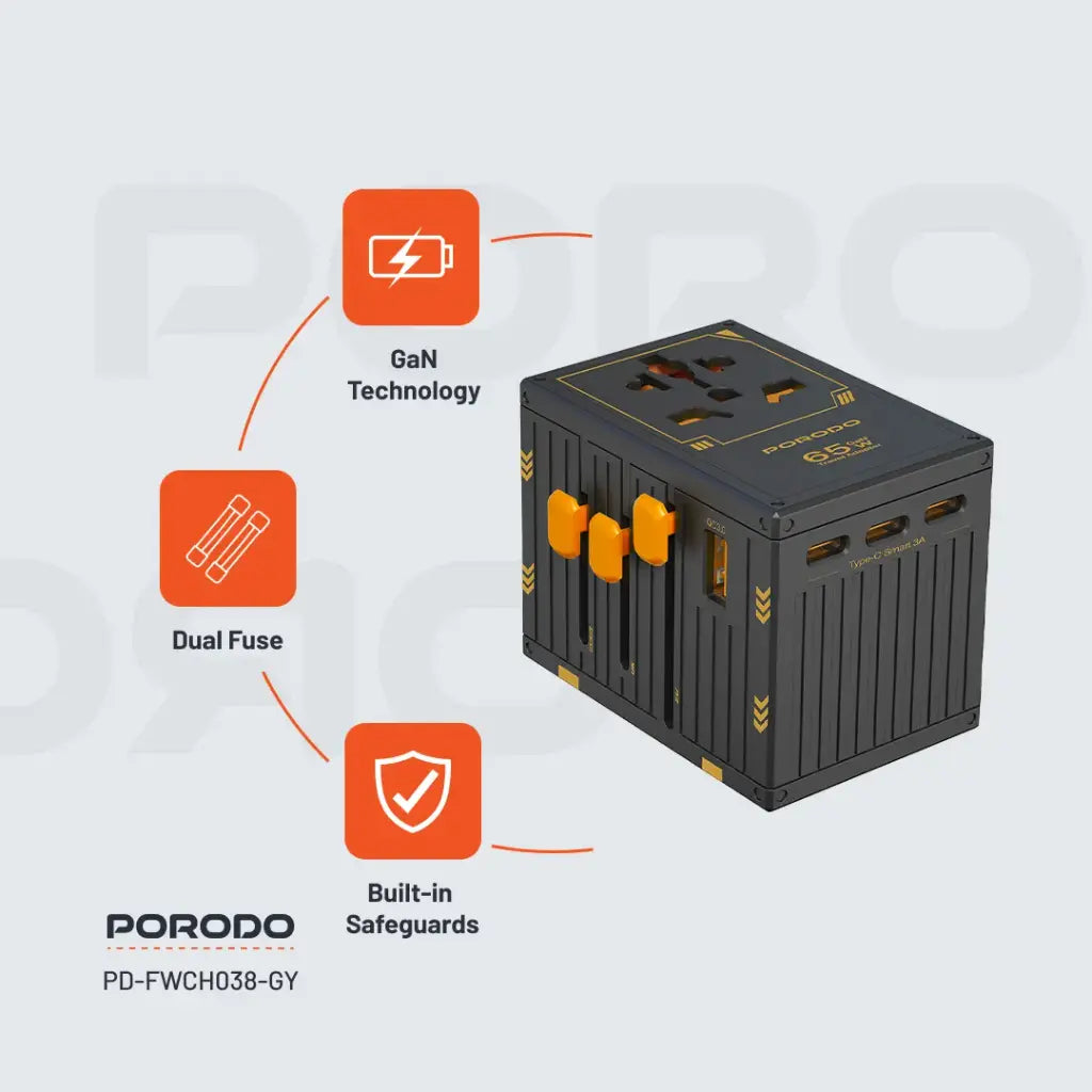 Porodo GaN 5-Port Travel Block Universal Charger - 65w [O] - بلاك حائط شحن دولي - بورودو - 4 منافذ تايب سي - 1 منفذ يو اس بي - 1 منفذ كهرباء - قوة 65 واط - كفالة 24 شهر