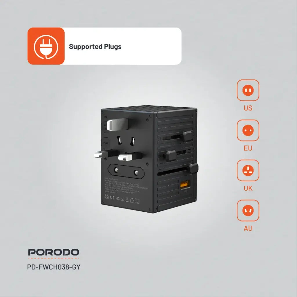 Porodo GaN 5-Port Travel Block Universal Charger - 65w [O] - بلاك حائط شحن دولي - بورودو - 4 منافذ تايب سي - 1 منفذ يو اس بي - 1 منفذ كهرباء - قوة 65 واط - كفالة 24 شهر