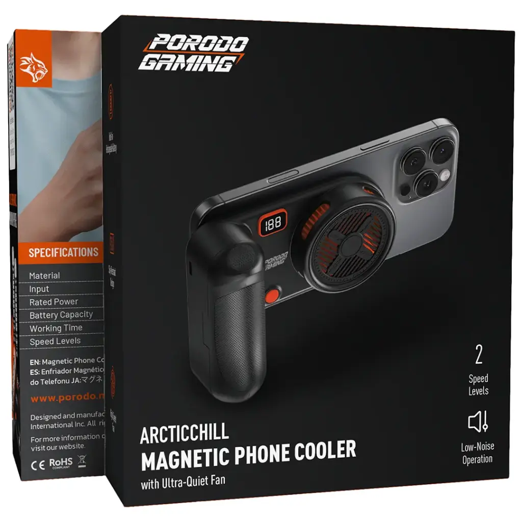 Porodo Gaming Arcticchill Magnetic Phone Cooler With Ultra-Quiet Fan - Black/Orange [O] - ستاند تبريد للهاتف مع مروحة - متوافقة مع جميع الاجهزة ماغ سيف