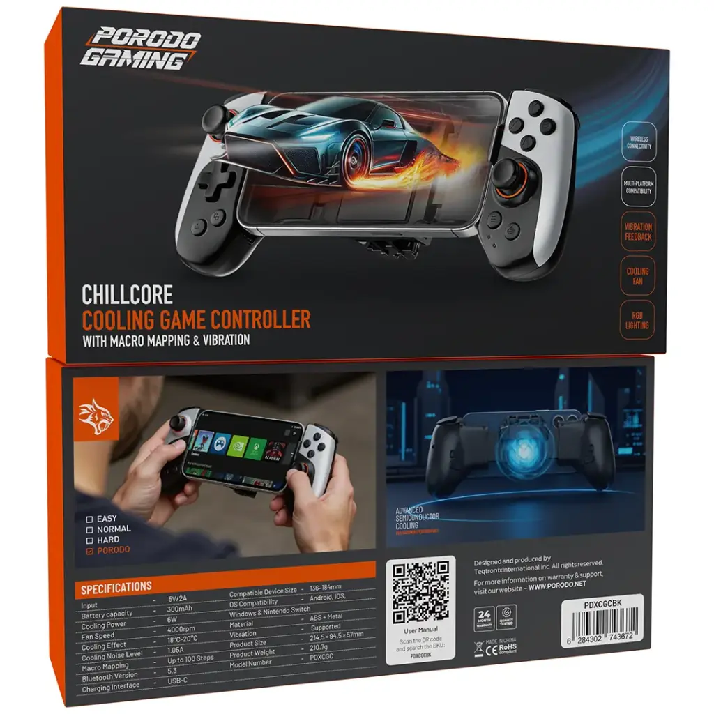 Porodo Gaming Chillcore Cooling Game Controller with Macro Mapping & Vibration - Black [O] - يدة كنترول للالعاب - تبريد للهاتف - اهتزاز - بطارية - كفالة 24 شهر