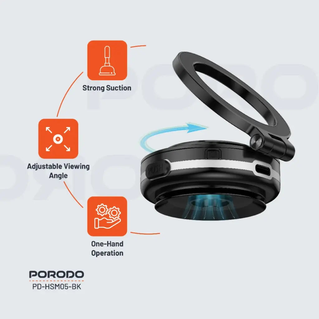 Porodo HS05 Vacuseal MagSafe Magnetic Mount - Black [O] - ستاند سيارة مناسب لجميع انواع الاجهزة - شفط - ماغ سيف - بورودو