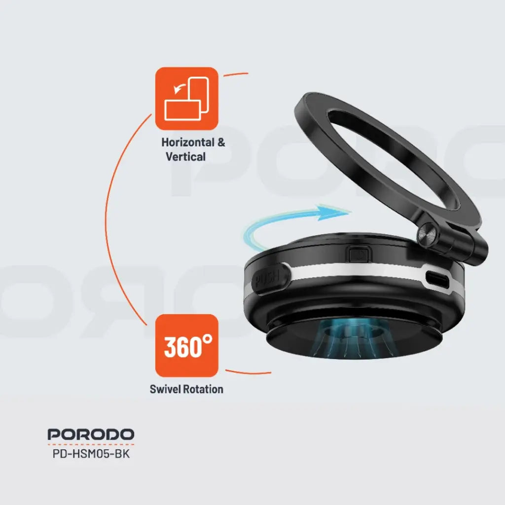 Porodo HS05 Vacuseal MagSafe Magnetic Mount - Black [O] - ستاند سيارة مناسب لجميع انواع الاجهزة - شفط - ماغ سيف - بورودو