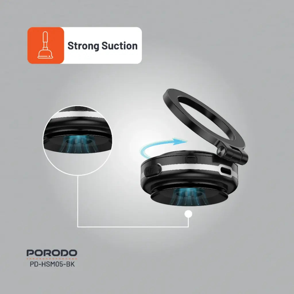 Porodo HS05 Vacuseal MagSafe Magnetic Mount - Black [O] - ستاند سيارة مناسب لجميع انواع الاجهزة - شفط - ماغ سيف - بورودو