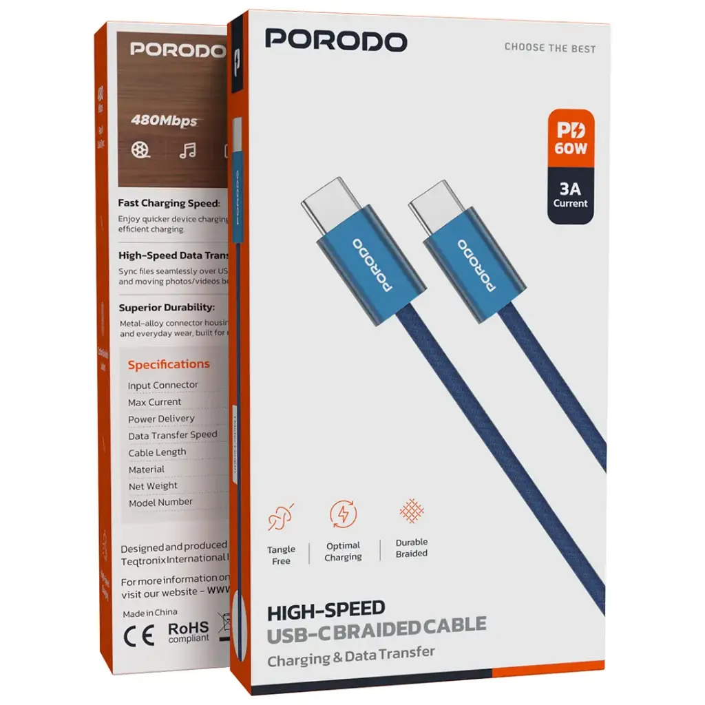 Porodo High-Speed USB-C Braided Cable Charging & Data Transfer - Blue