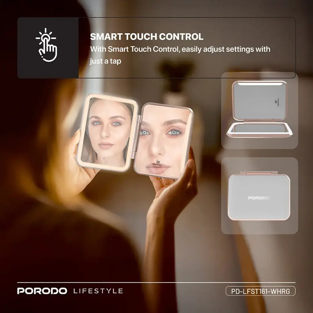 Porodo Lifestyle 5000mAh Power Bank Magnifying Mirror - White/Rose Gold [O]- بطارية متنقلة + مراية + 1 منفذ تايب سي - سعة 5000 ملي أمبير - كفالة 24 شهر