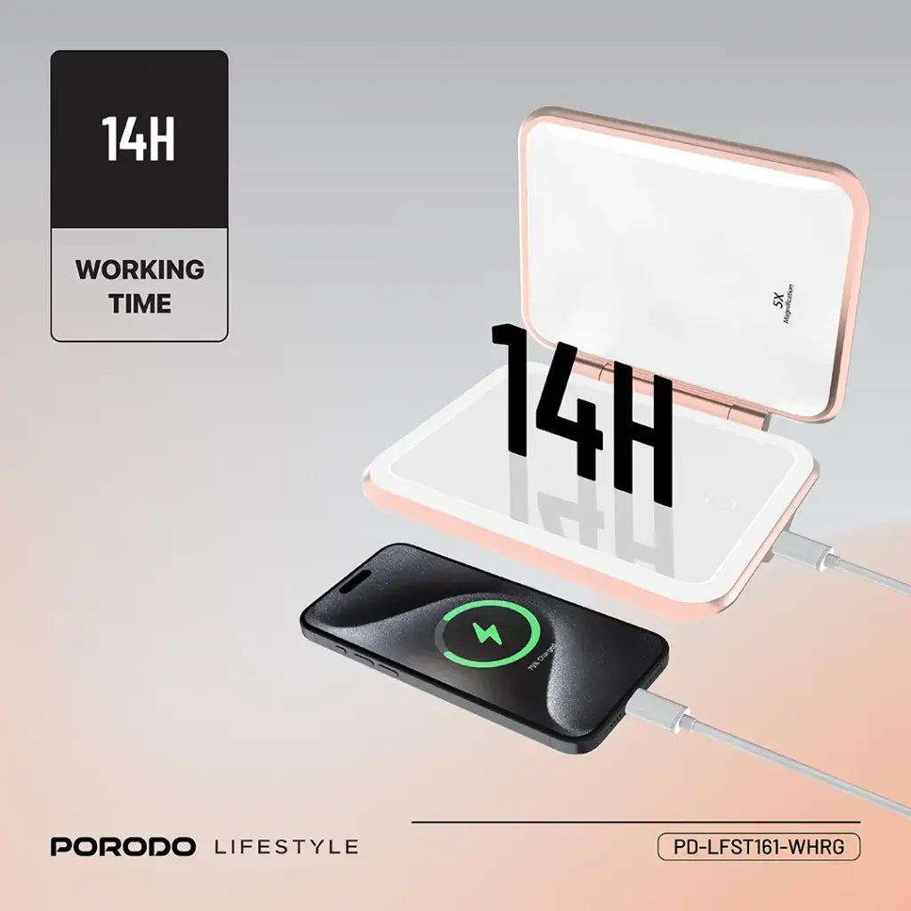 Porodo Lifestyle 5000mAh Power Bank Magnifying Mirror - White/Rose Gold [O]- بطارية متنقلة + مراية + 1 منفذ تايب سي - سعة 5000 ملي أمبير - كفالة 24 شهر