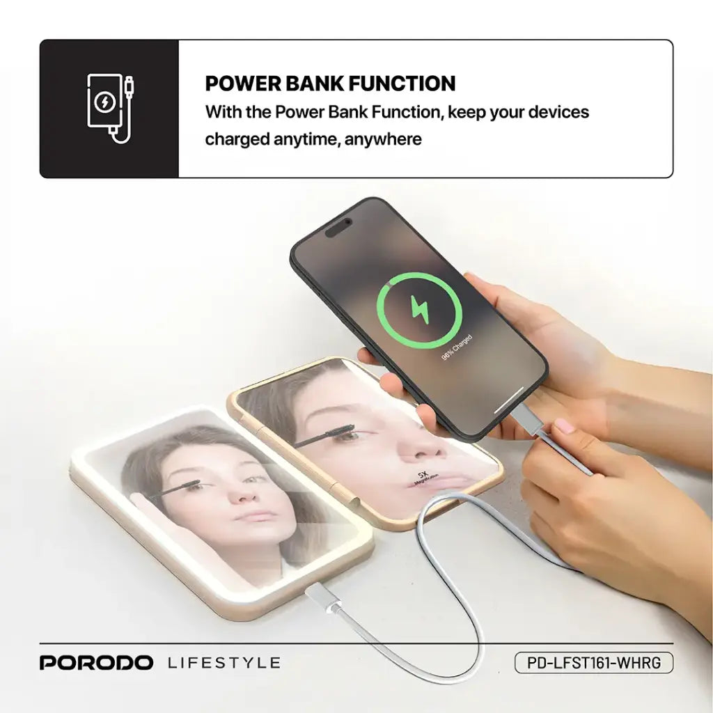 Porodo Lifestyle 5000mAh Power Bank Magnifying Mirror - White/Rose Gold [O]- بطارية متنقلة + مراية + 1 منفذ تايب سي - سعة 5000 ملي أمبير - كفالة 24 شهر