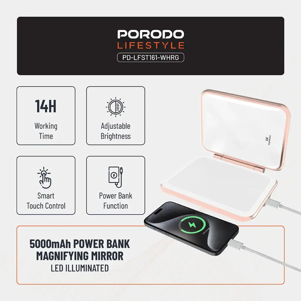 Porodo Lifestyle 5000mAh Power Bank Magnifying Mirror - White/Rose Gold [O]- بطارية متنقلة + مراية + 1 منفذ تايب سي - سعة 5000 ملي أمبير - كفالة 24 شهر
