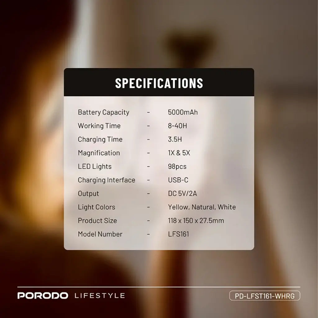 Porodo Lifestyle 5000mAh Power Bank Magnifying Mirror - White/Rose Gold [O]- بطارية متنقلة + مراية + 1 منفذ تايب سي - سعة 5000 ملي أمبير - كفالة 24 شهر