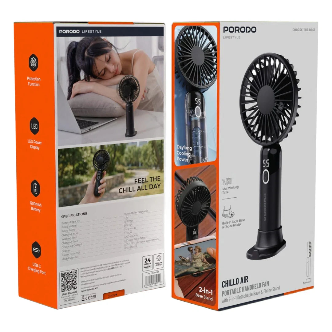 Porodo Lifestyle Chillo Air Portable Handheld Fan with LED Display - Black - مروحة متنقلة - سرعات متعددة - برودو -  كفالة 12 شهر