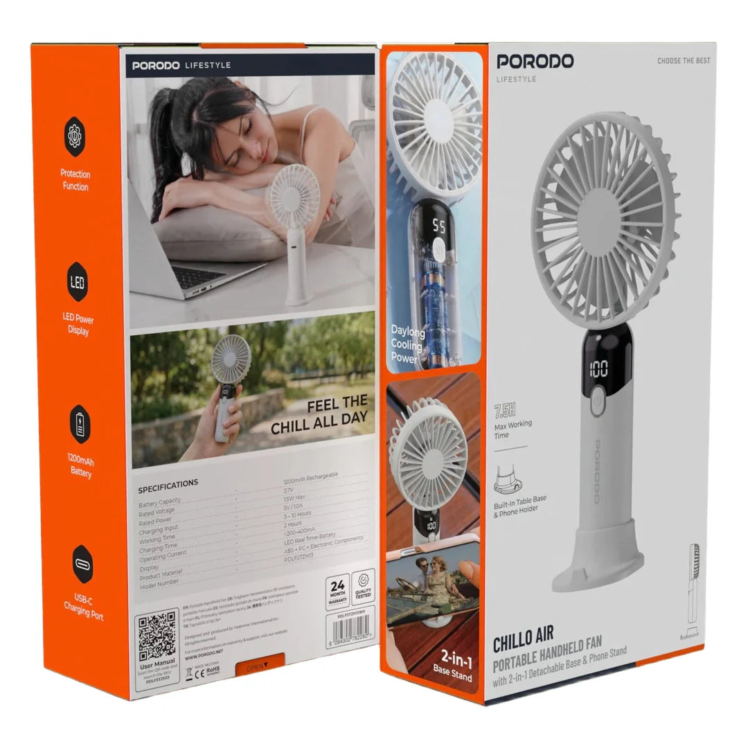 Porodo Lifestyle Chillo Air Portable Handheld Fan with LED Display - White - مروحة متنقلة - سرعات متعددة - برودو -  كفالة 12 شهر