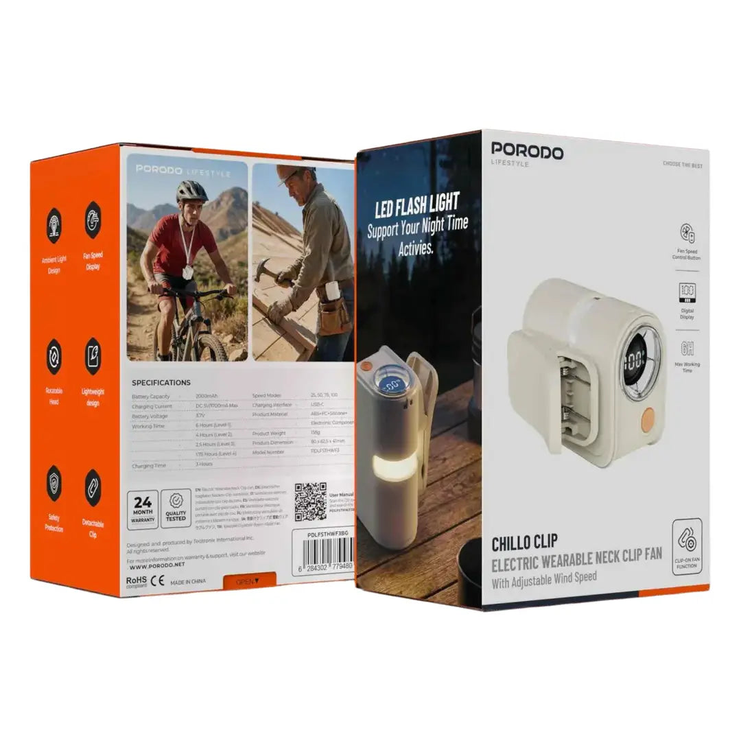 Porodo Lifestyle Chillo Clip Electric Wearable Neck Clip Fan with Adjustable Wind Speed - Beige [O] - مروحة متنقلة - سرعات مختلفة - مشبك تثبيت - برودو -  كفالة 12 شهر