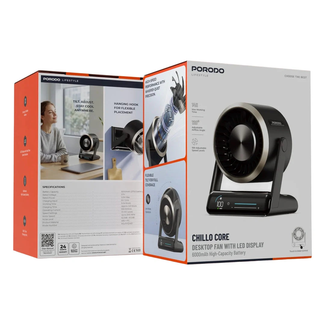 Porodo Lifestyle Chillo Core Desktop Fan with LED Display - Black - مروحة متنقلة - سرعة تبريد عالية - برودو -  كفالة 12 شهر