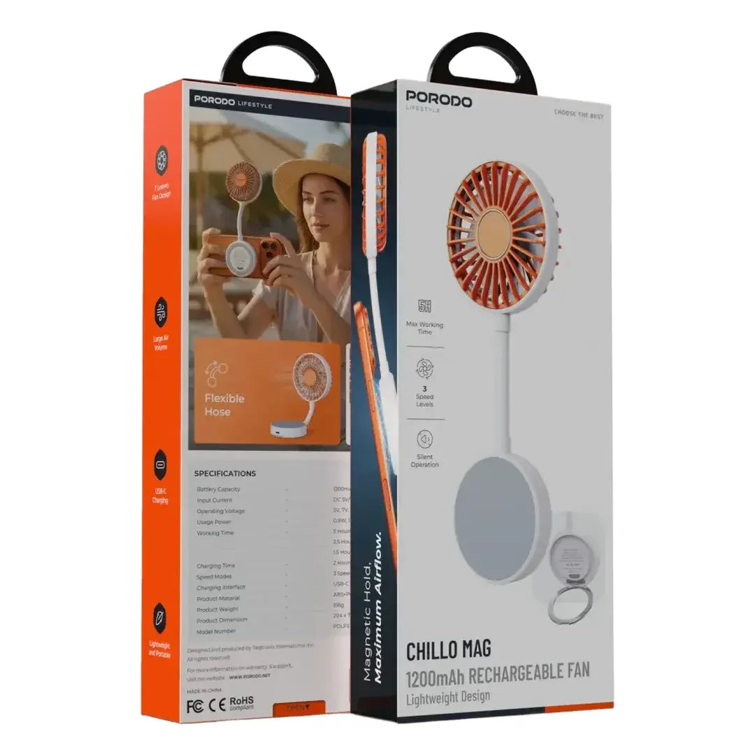 Porodo Lifestyle Chillo Mag 1200mAh Rechargeable Fan - White [O] - مروحة متنقلة - سرعات مختلفة + ستاند مرن قابل للطي - قاعدة ماغ سيف - برودو -  كفالة 12 شهر
