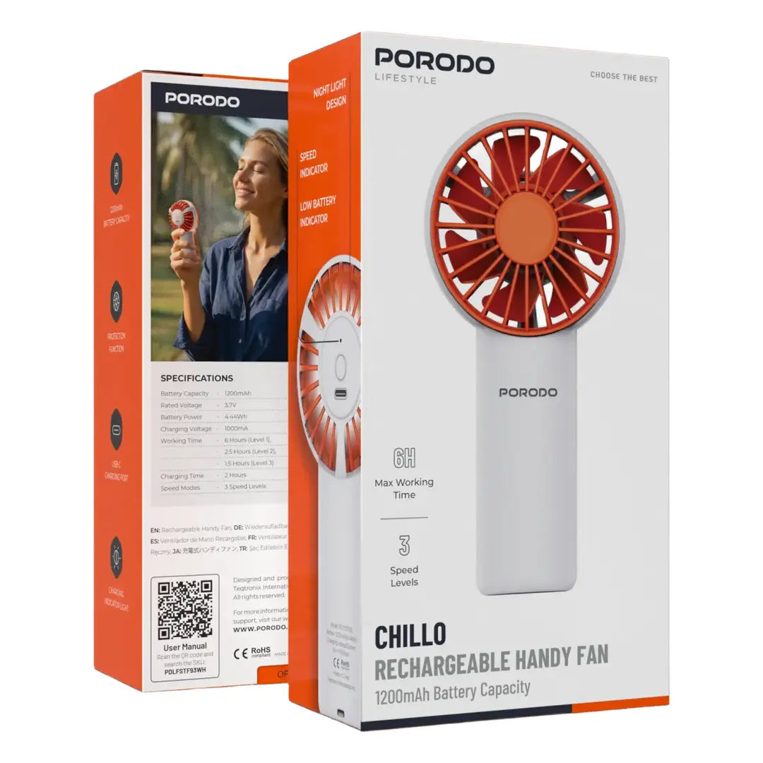 Porodo Lifestyle Chillo Rechargeable Handy Fan with 1200mAh Battery Capacity - White [O] - مروحة متنقلة - سرعات مختلفة - برودو -  كفالة 12 شهر