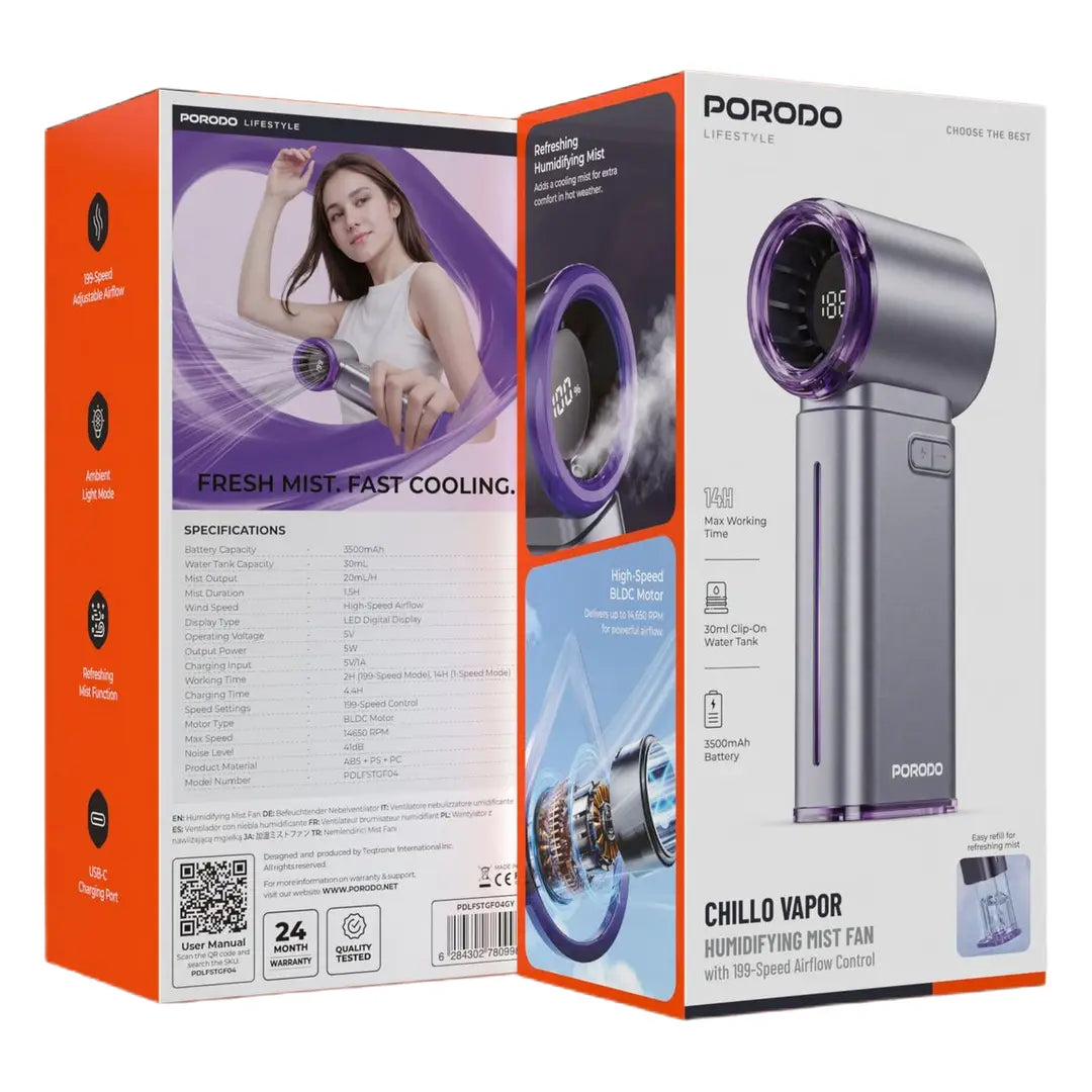 Porodo Lifestyle Chillo Vapor Humidifying Mist Fan - Gray