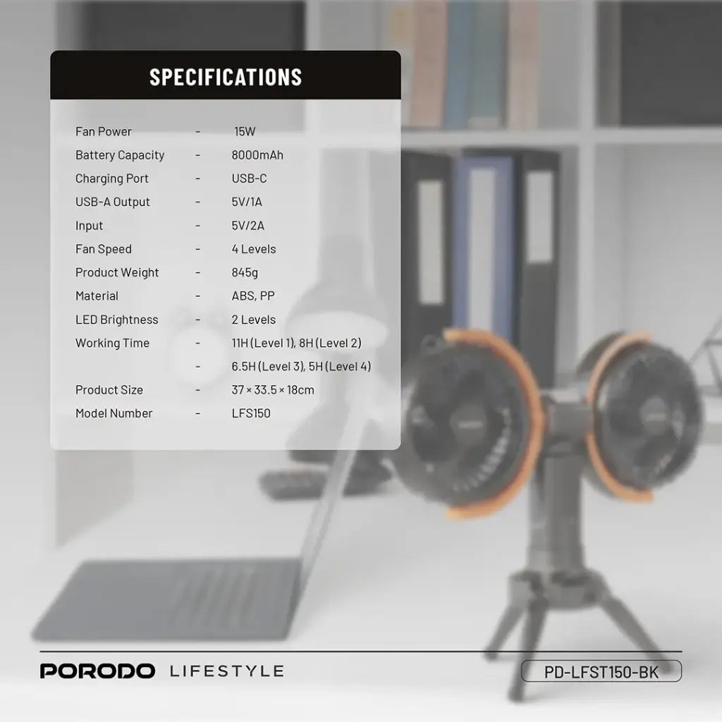 Porodo Lifestyle Dual-Head Oscillating Fan - Black