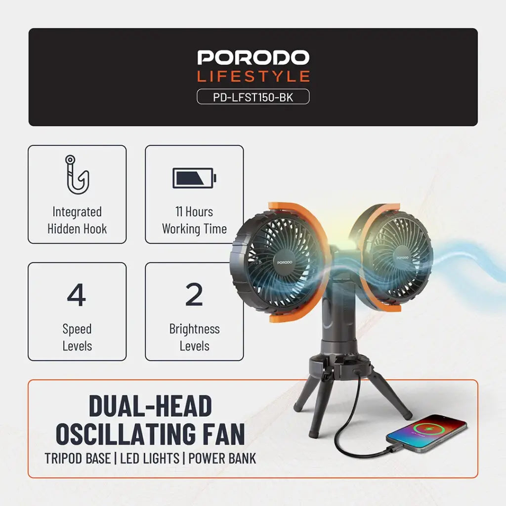 Porodo Lifestyle Dual-Head Oscillating Fan - Black