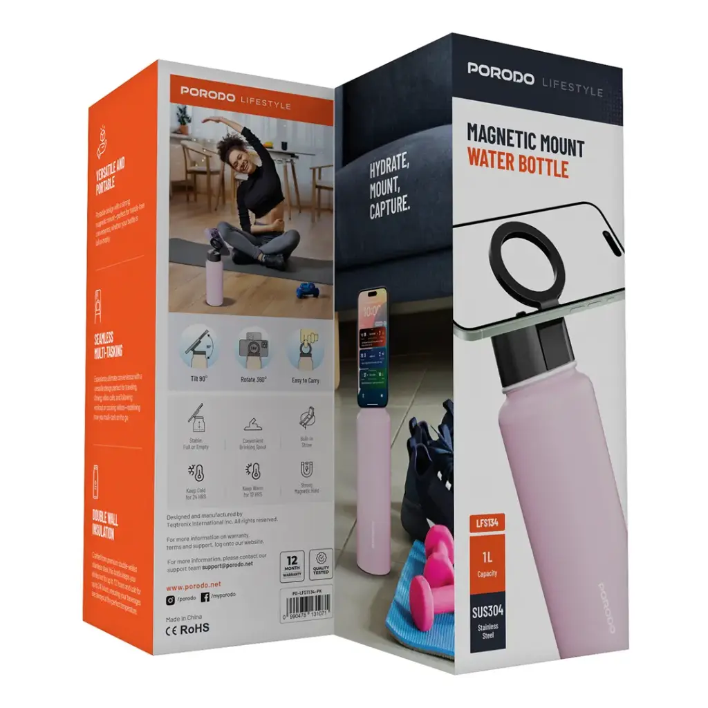 Porodo Lifestyle Magnetic Mount Water Bottle - Pink 1L- مطارة حافظة للحرارة - ستاند ماغ سيف - بورودو