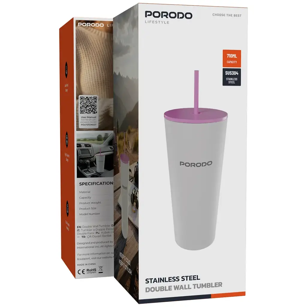 Porodo Lifestyle Stainless Steel Double Wall Tumbler - 710ml - White [O] - كوب - بورودو لايف ستايل - مصنوع من الفولاذ المقاوم للصدأ