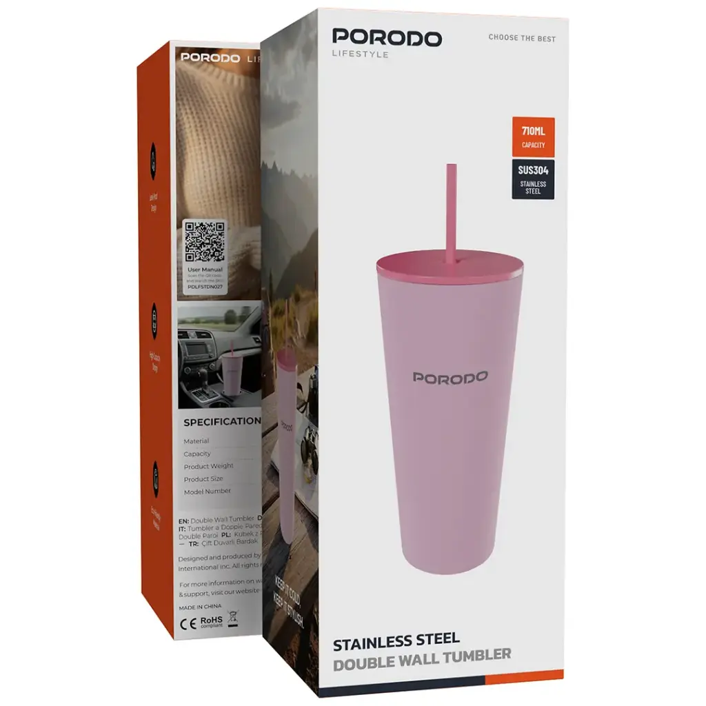 Porodo Lifestyle Stainless Steel Double Wall Tumbler - 710ml - Pink - كوب - بورودو لايف ستايل - مصنوع من الفولاذ المقاوم للصدأ