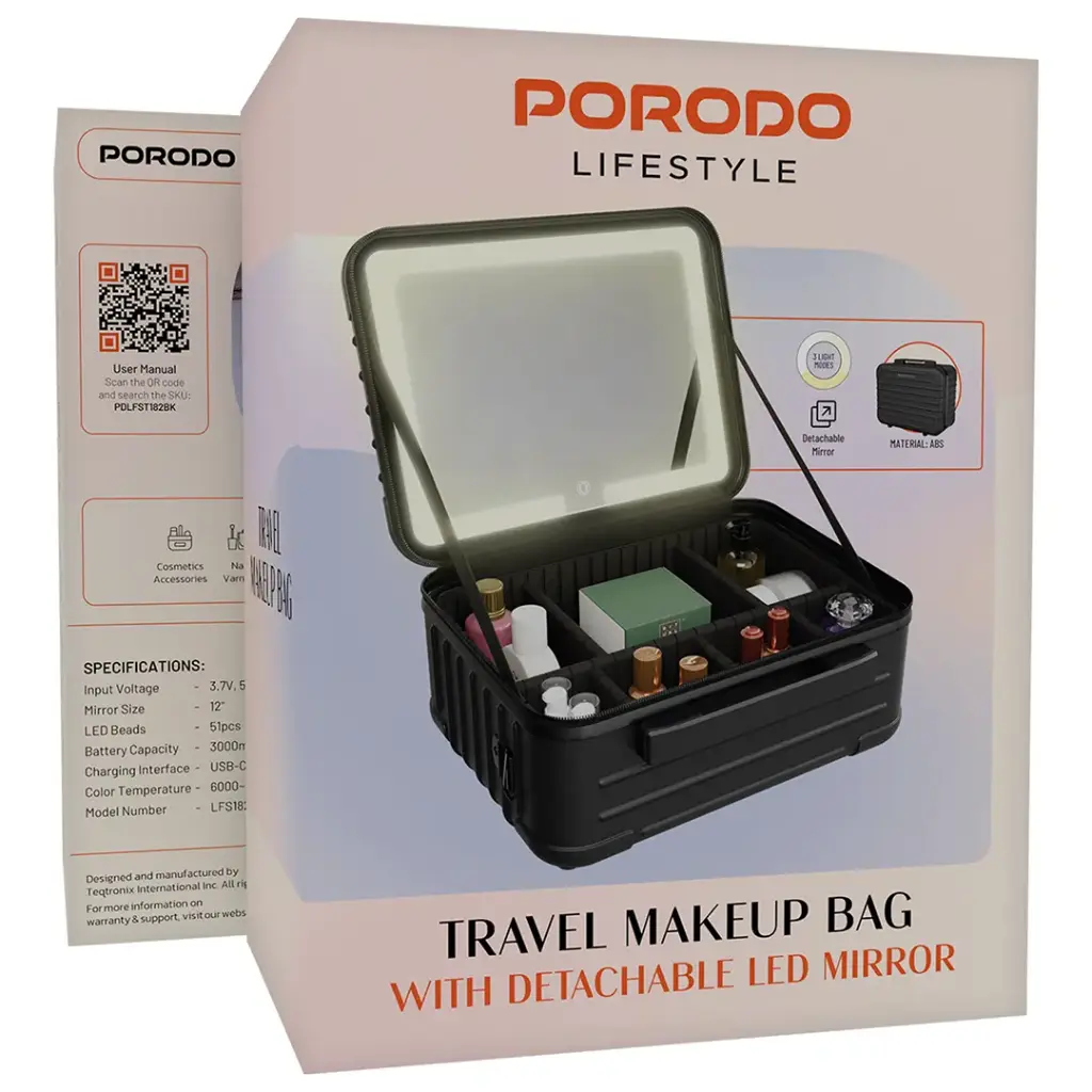 Porodo Lifestyle Travel Makeup Bag with Detachable LED Mirror - Black [O] - حافظة مكياج السفر من  مع مرآة قابلة للفصل - أسود - كفالة 24 شهر