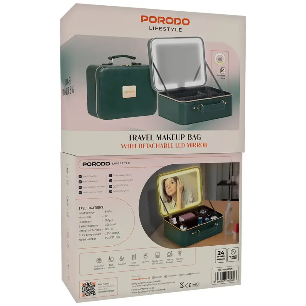 Porodo Lifestyle Travel Makeup Bag with Detachable LED Mirror - Green [O] - حافظة مكياج السفر من  مع مرآة قابلة للفصل - كفالة 24 شهر