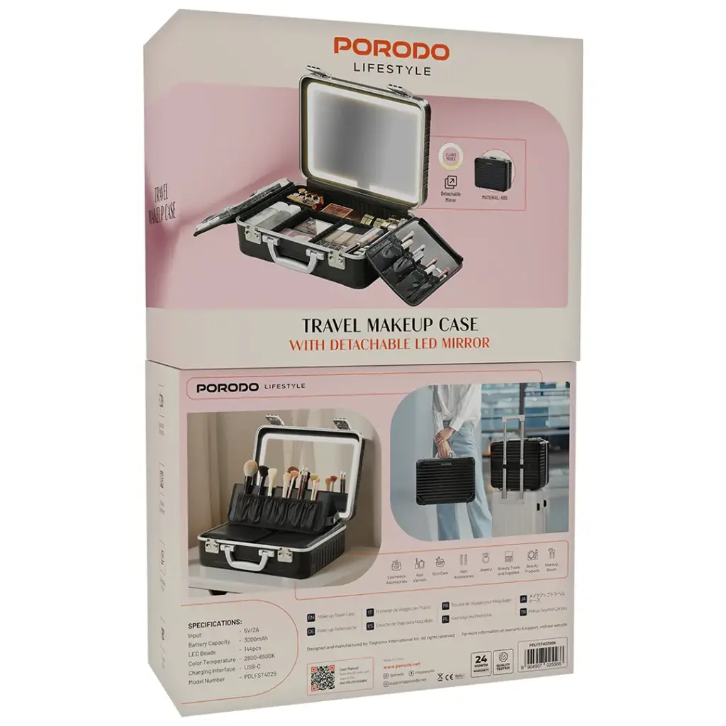 Porodo Lifestyle Travel Makeup Case with Detachable LED Mirror - Black [O] - حافظة مكياج السفر من  مع مرآة قابلة للفصل - أسود - كفالة 24 شهر