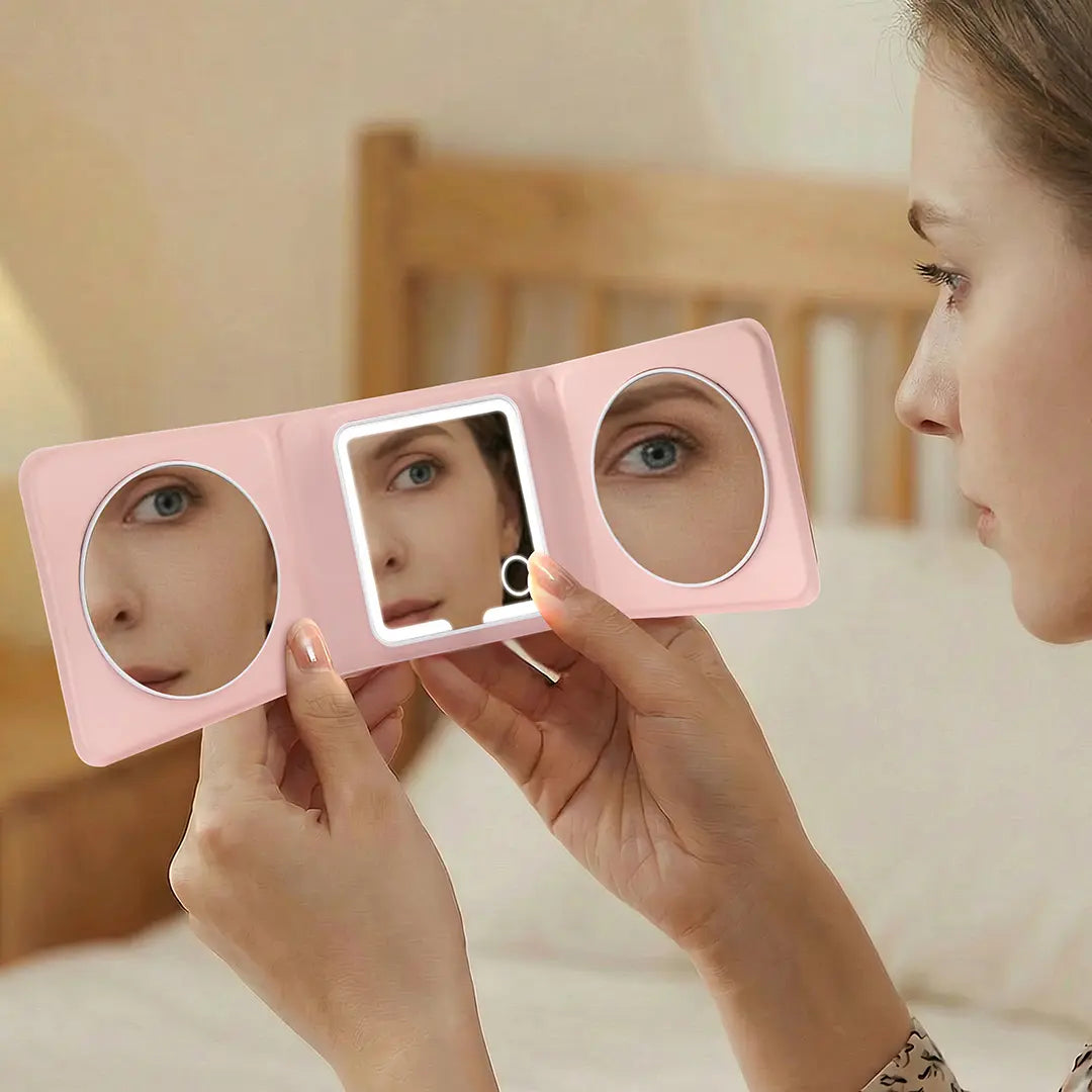 Porodo Lily LED Portable Tri-Fold Makeup Mirror- Pink [O]- مراية مكبرة + 3 مستويات + منفذ تايب سي - ماجنتيك - اضاءة ليد - كفالة 12 شهر