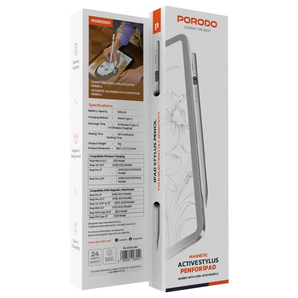 Porodo Magnetic Active Stylus Pen for iPad - White [O] - قلم الكتروني - لجميع انواع أجهزة الأيباد - بورودو - كفالة 12 شهر