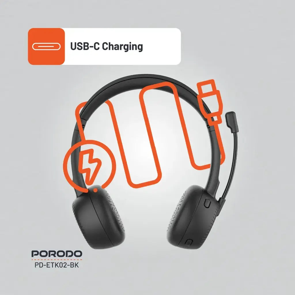 Porodo Office Wireless Headset - Black - سماعة رأس بلوتوث - مايكروفون - بورودو - كفالة 24 شهر