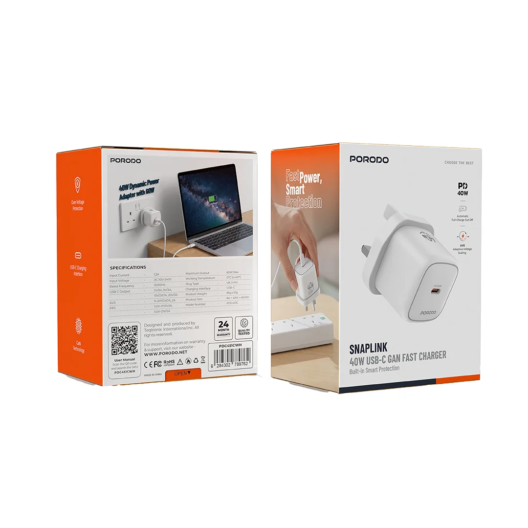 Porodo SnapLink 40W USB-C GaN Fast Charger with Built - in Smart Protection - White