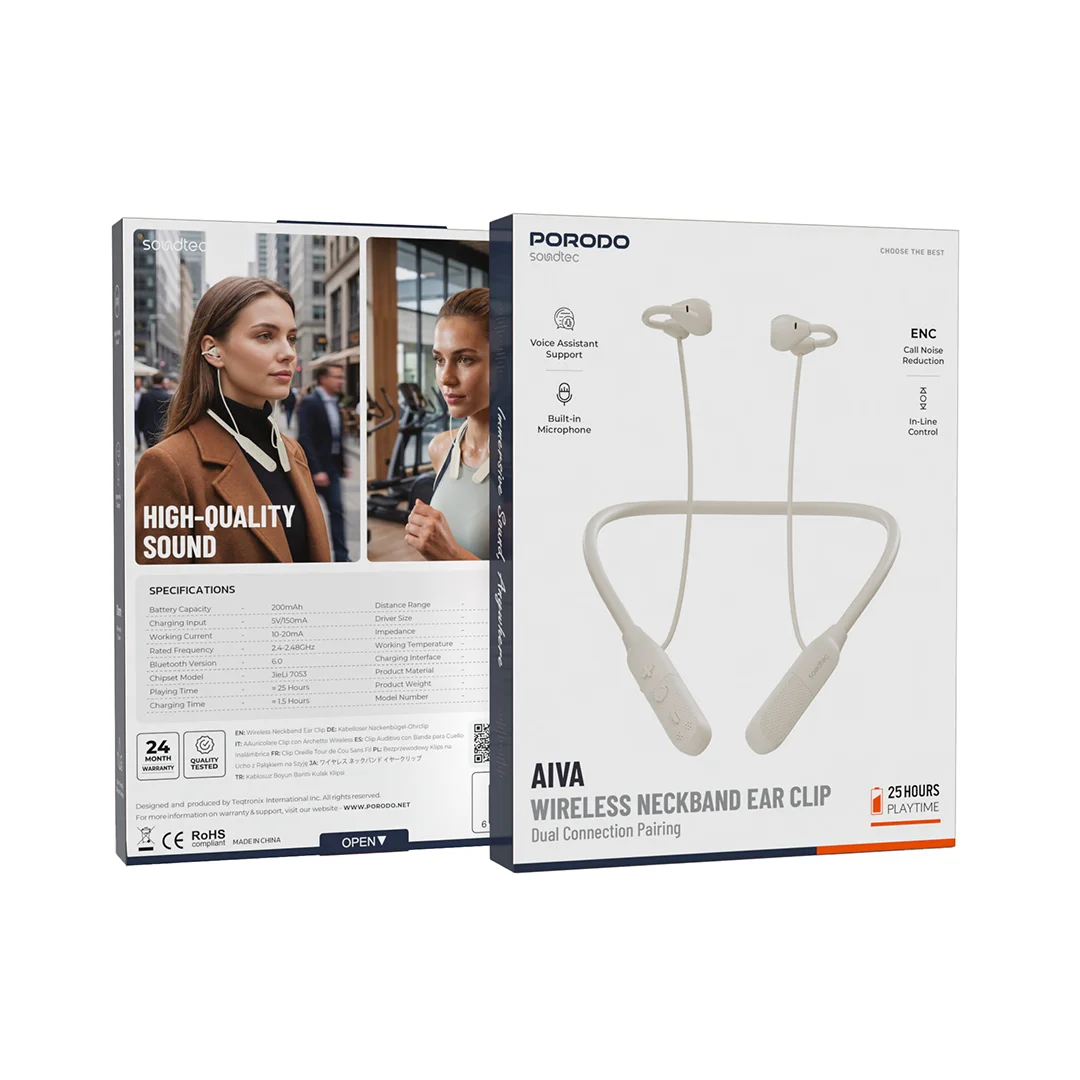 Porodo Soundtec AIVA Wireless Neckband Ear Clip with Dual Connection Pairing - Beige