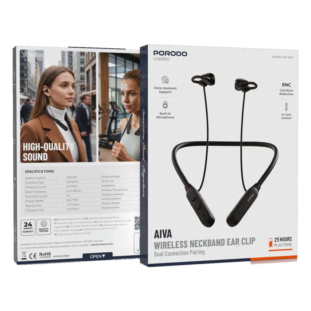 Porodo Soundtec SV Pro سماعة أذن بسوار للرقبة ENC - أرجواني - سماعة بلوتوث - بورودو - رياضية للتعرق - كفالة 12 شهر
