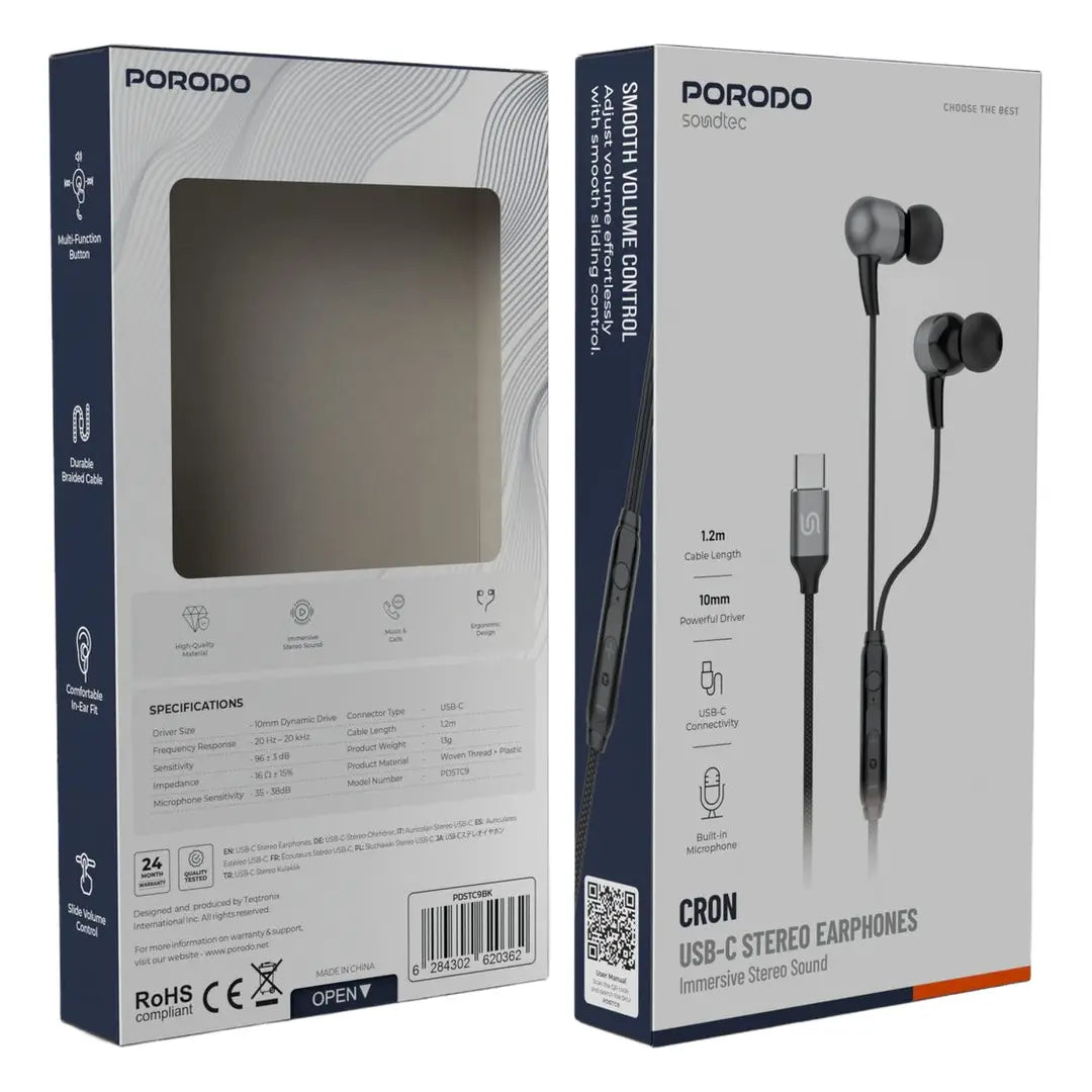 Porodo Soundtec Cron USB-C Stereo Earphones with Immersive Stereo Sound - Black