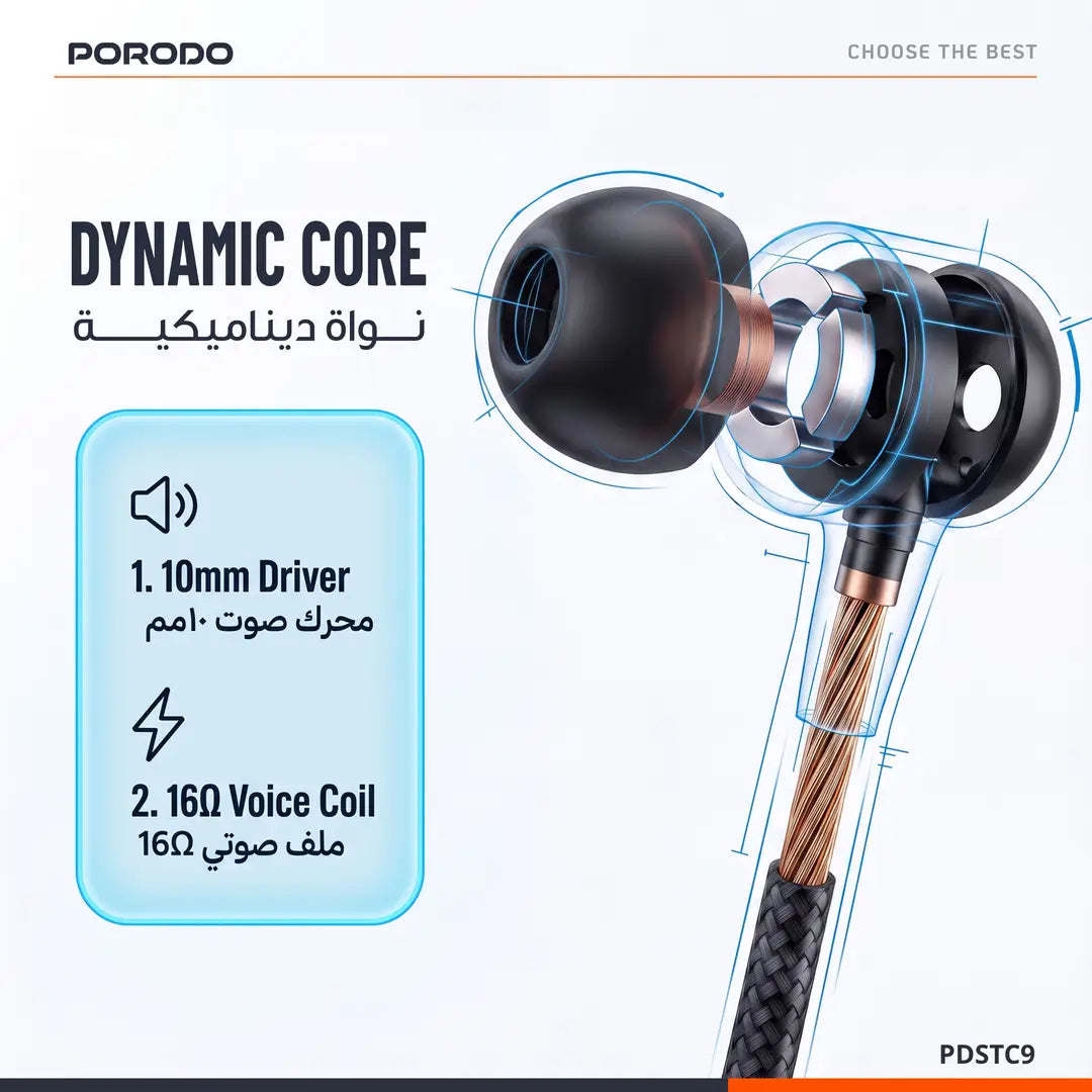 Porodo Soundtec Cron USB-C Stereo Earphones with Immersive Stereo Sound - Black