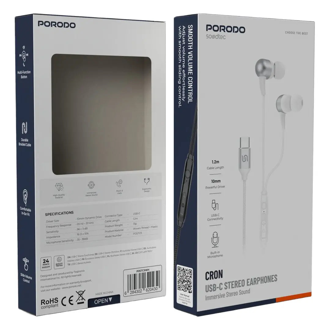 Porodo Soundtec Cron USB-C Stereo Earphones with Immersive Stereo Sound - White