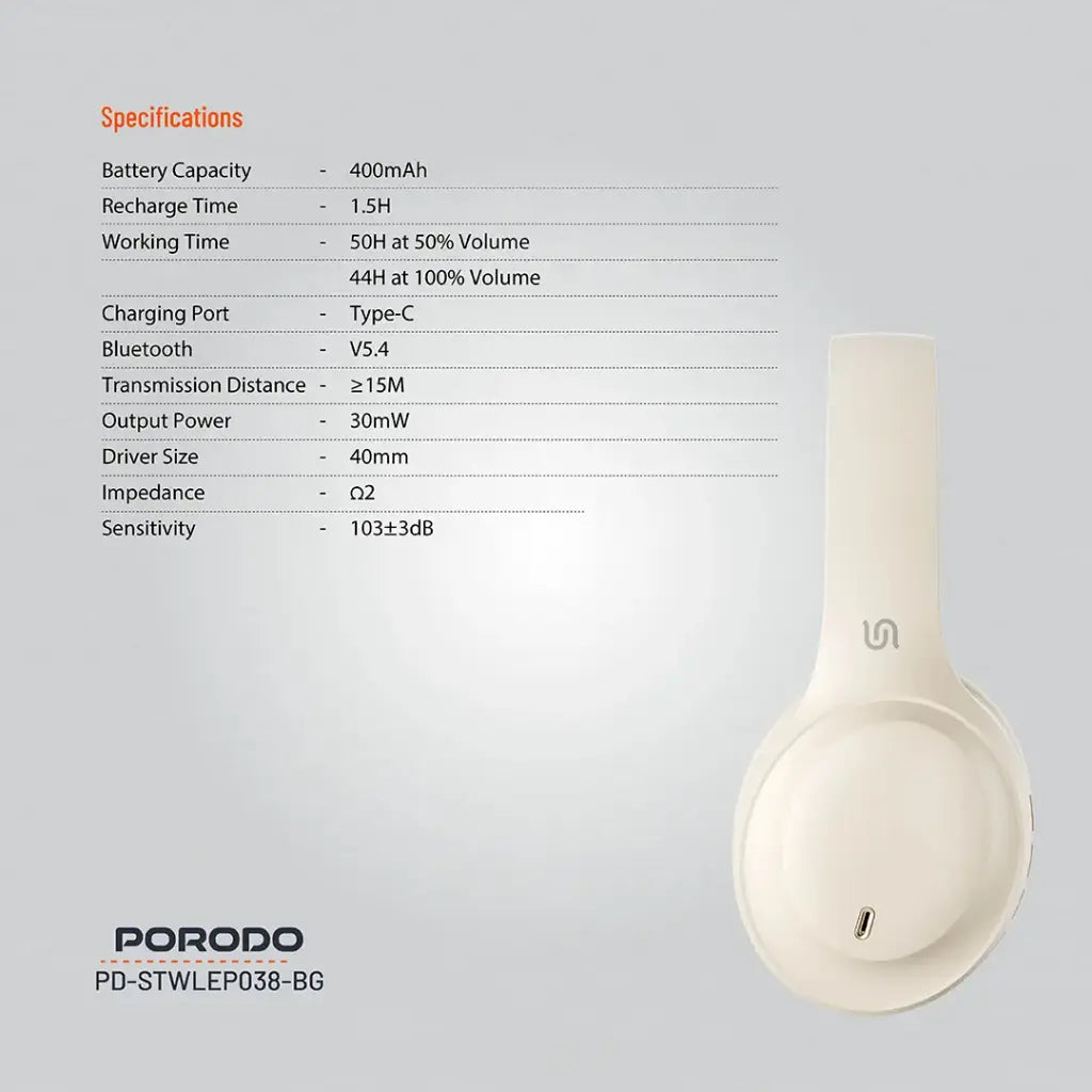 Porodo Soundtec PRIMO Wireless Headphone - Beige
