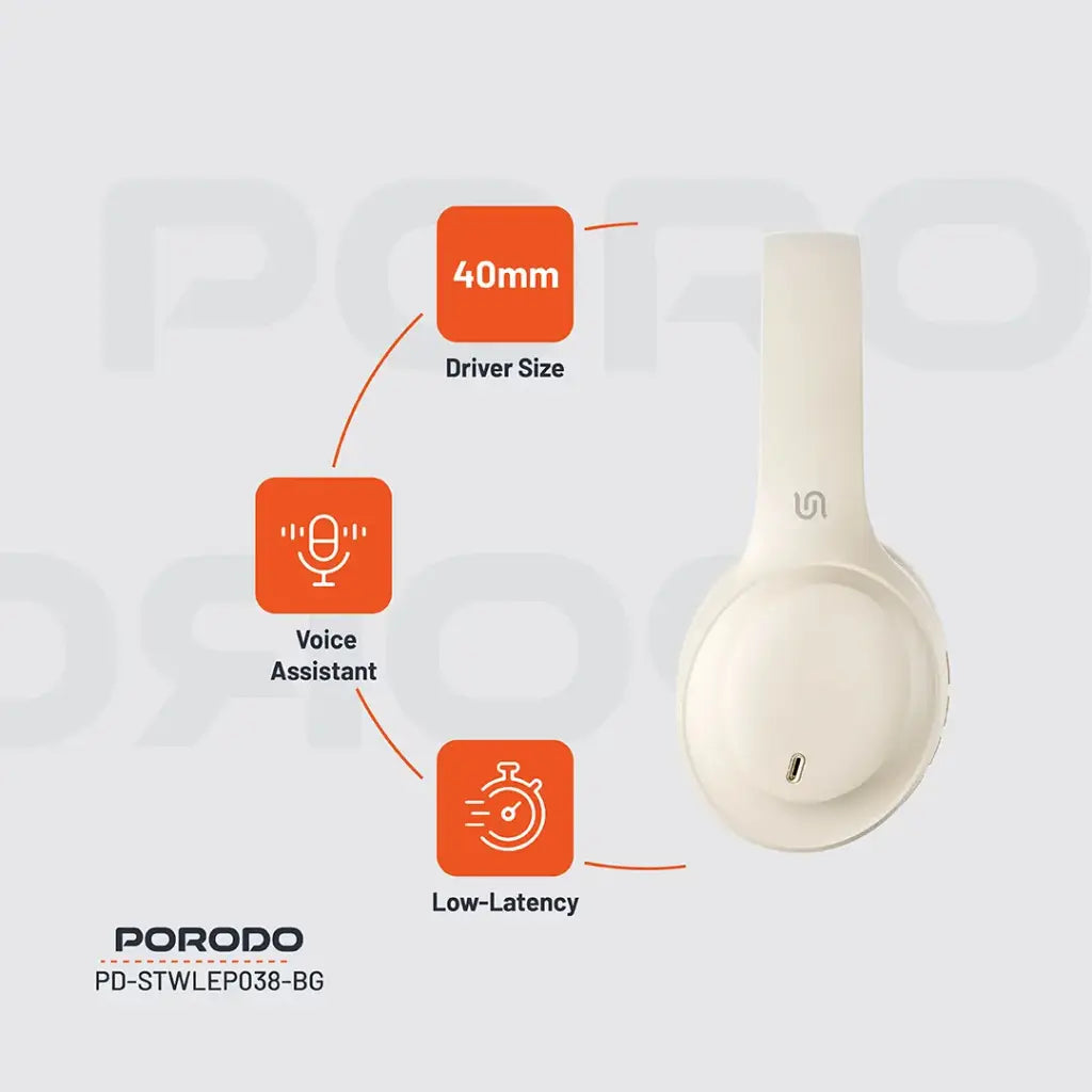 Porodo Soundtec PRIMO Wireless Headphone - Beige