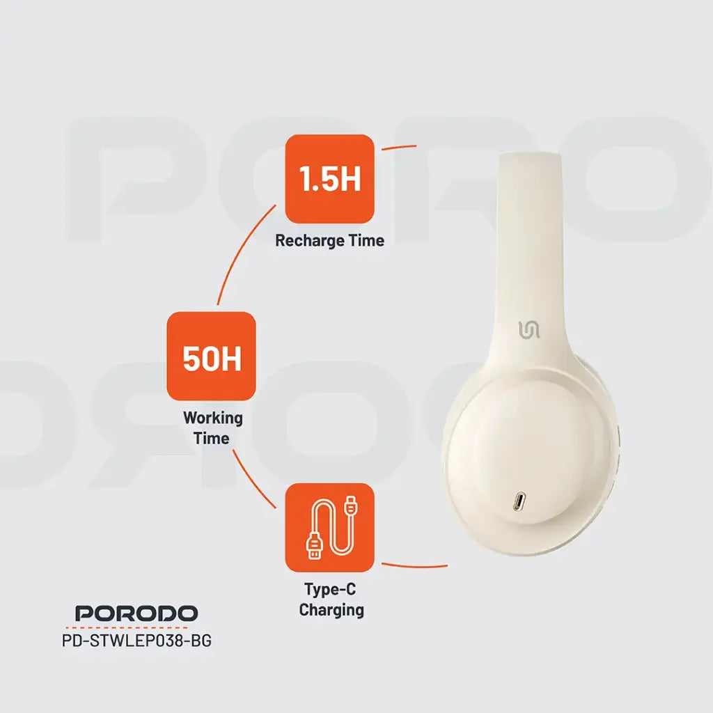 Porodo Soundtec PRIMO Wireless Headphone - Beige