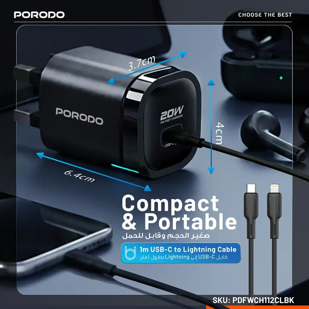 Porodo Tekto USB-C Wall Adapter with Lightning Cable - Black