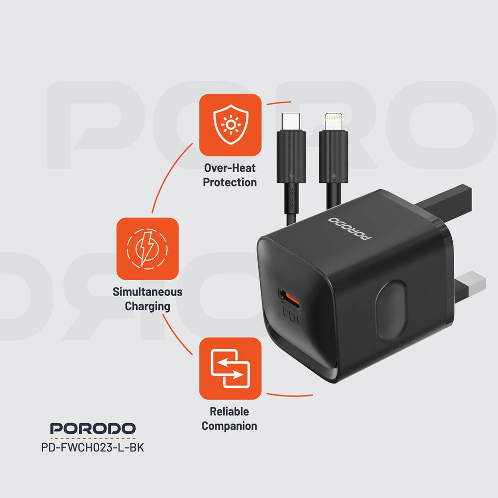 Porodo USB-C Power Delivery Wall Charger with Lightning Cable - Black