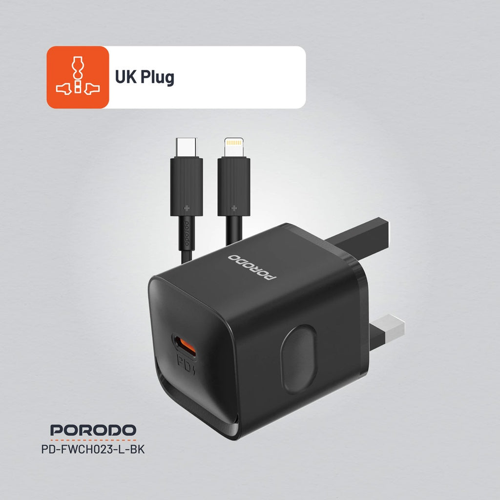 Porodo USB-C Power Delivery Wall Charger with Lightning Cable - Black